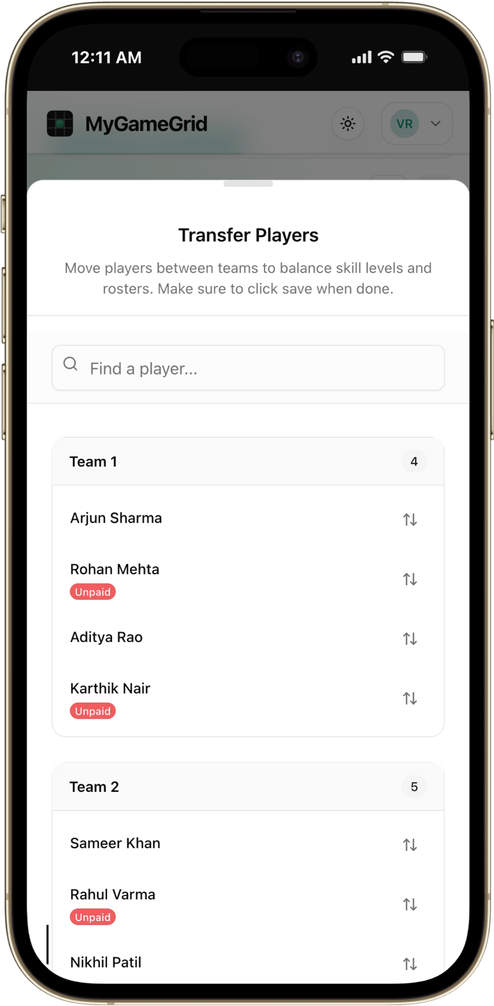 Smart Team Balancer and Roster Transfer Modal