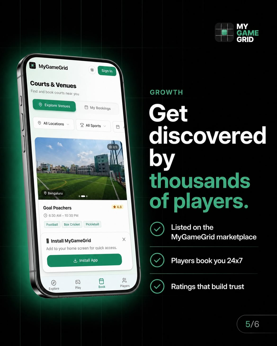 MyGameGrid venue discovery: players browsing rated turfs on the booking page